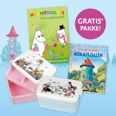Velkomstpakken fra Mummiklubben: Den fantastiske Mummidalen, aktivitetsboken Mummitrollets overraskelsesfest og Mummi-matbokser i rosa og blått