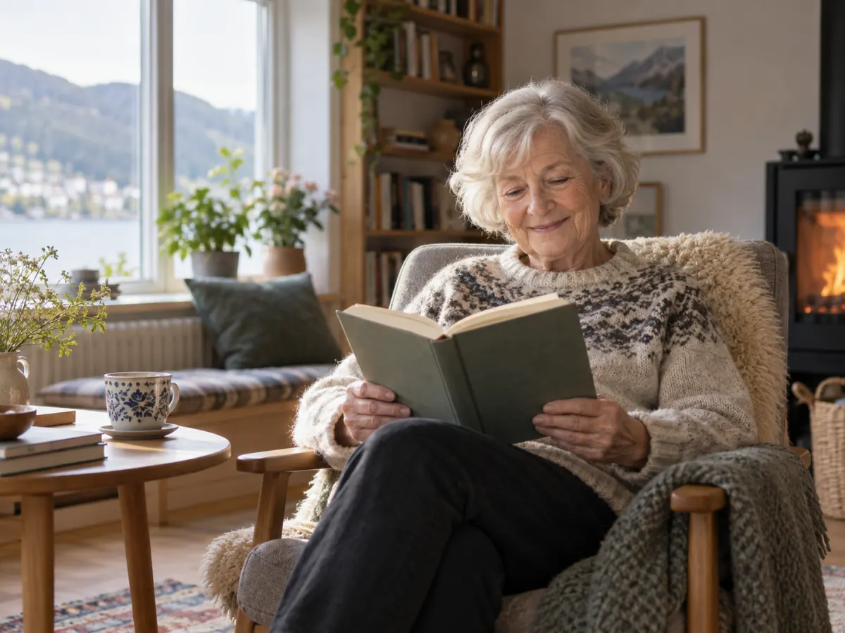 Eldre kvinne leser en bok i en lenestol ved peisen