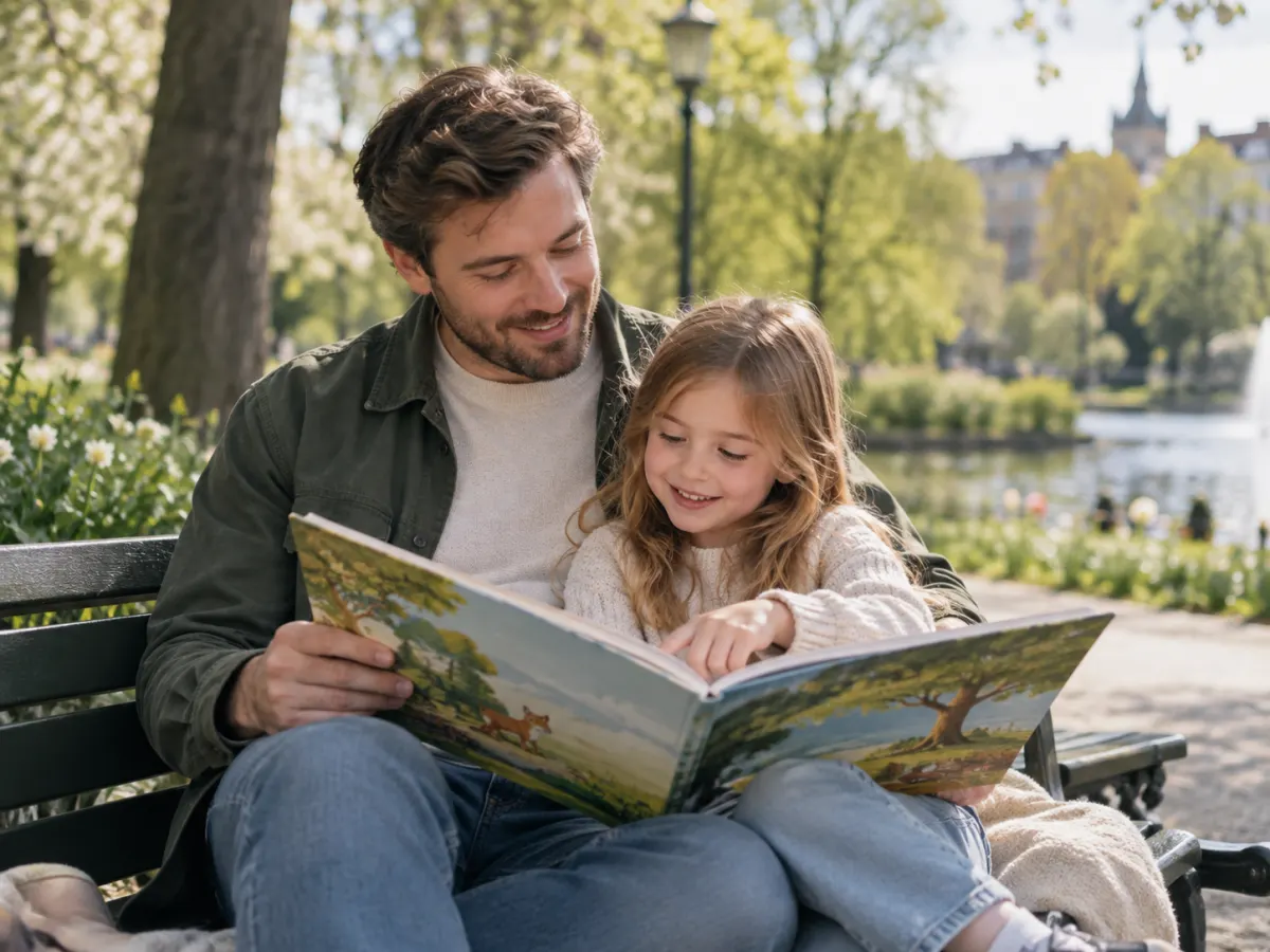 Far og datter leser en bildebok sammen på en parkbenk