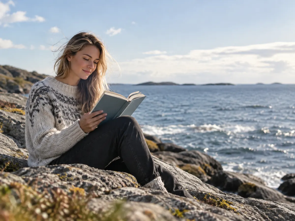 Kvinne i strikkegenser leser en bok på et svaberg ved havet