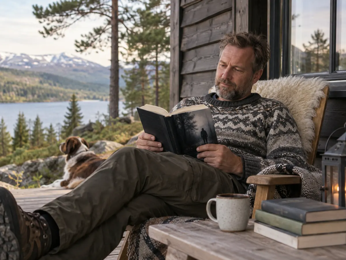 Mann leser en bok på hytteterrassen med hunden ved siden av seg