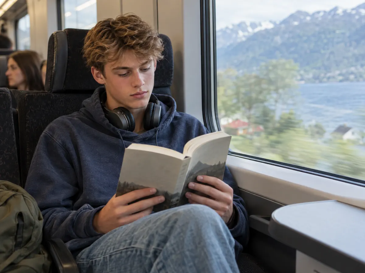 Tenåringsgutt med hodetelefoner rundt halsen leser en bok på toget